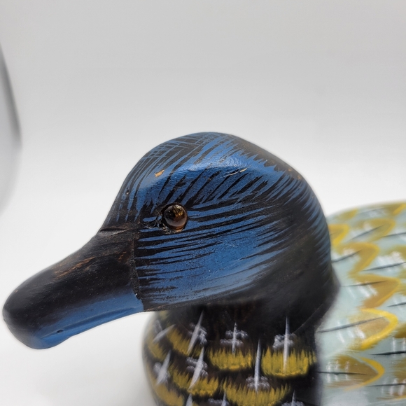Wooden Duck Decoy Decor Handcarved Glass Eyes Hand Painted Small 3x8x2 - Picture 6 of 8
